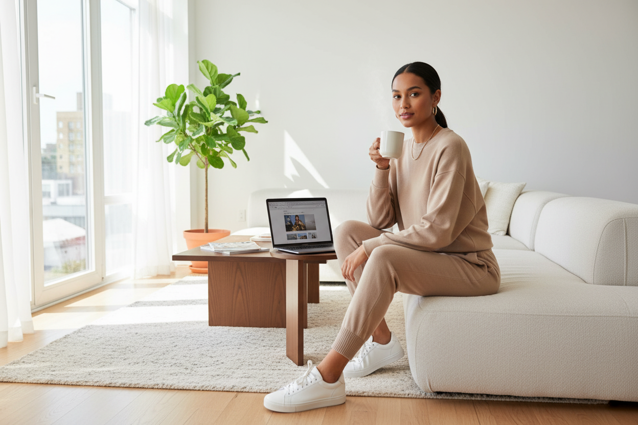 Woman relaxing at home in comfortable loungewear sets, perfect for cozy and stylish everyday wear