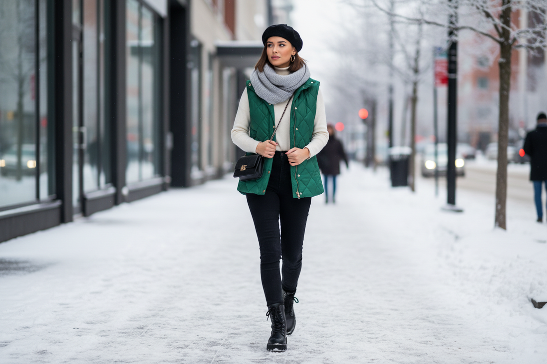 Chic quilted winter gilet styling for women with cozy layers and affordable city street fashion ideas