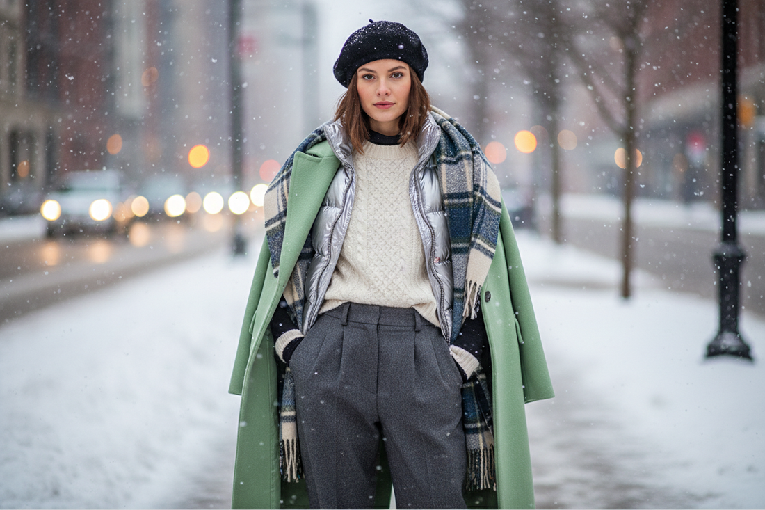 Chic winter layering style guide for women featuring cozy sweaters, tailored pants, and stylish accessories in snowy city streets