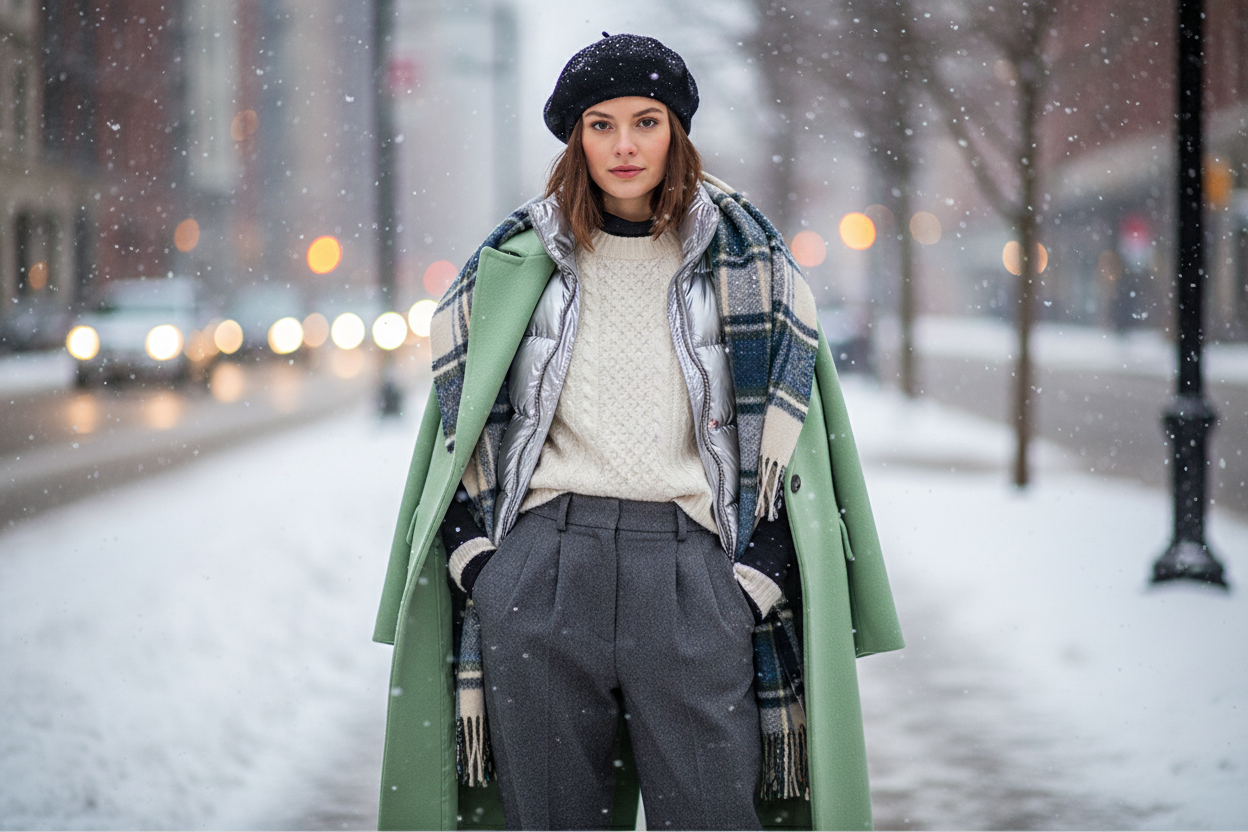 Chic winter layering style guide for women featuring cozy sweaters, tailored pants, and stylish accessories in snowy city streets