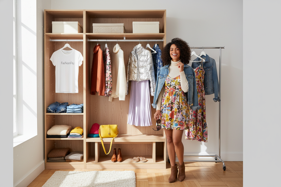 Woman styling trendy outfits in a bright closet featuring fashionfitz essentials for budget-savvy shoppers