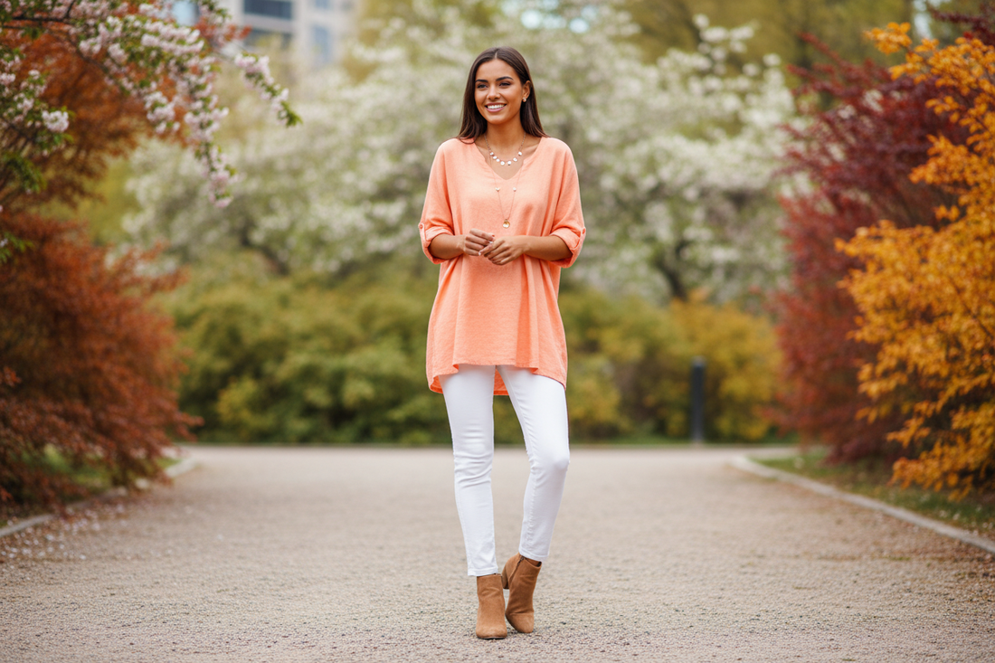 Trendy apricot tunic tops styled with white jeans for a fresh and affordable spring fashion look