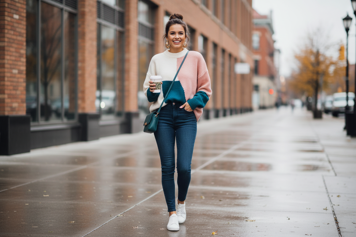 Woman wearing a colorblock sweater and jeans, perfect for styling colorblock sweaters guide inspiration