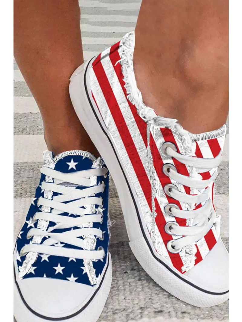 Comfort casual flats featuring stylish designs in red, white, and blue patterns for a trendy look