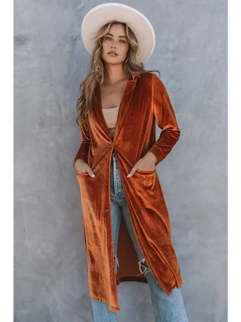Trendy Women's Coats in warm orange velvet with pockets, ideal for stylish layering in cool weather