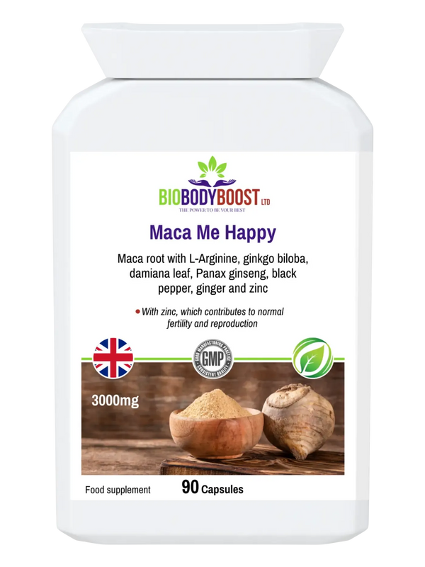 Maca Me Happy wellness supplement with maca root and herbal blend.