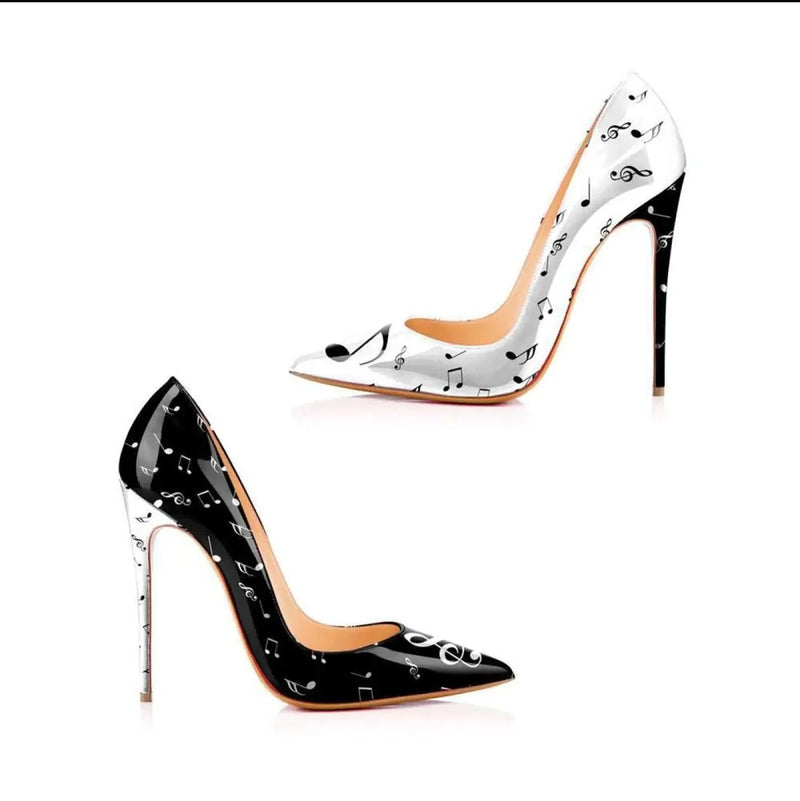 Stylish stiletto heels in black and white with musical notes design for a chic and elegant look