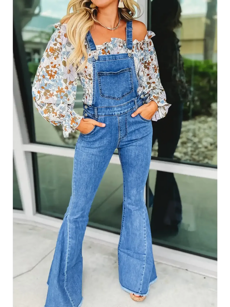 Stylish women's bottoms including flared denim overalls paired with a floral blouse for a chic look