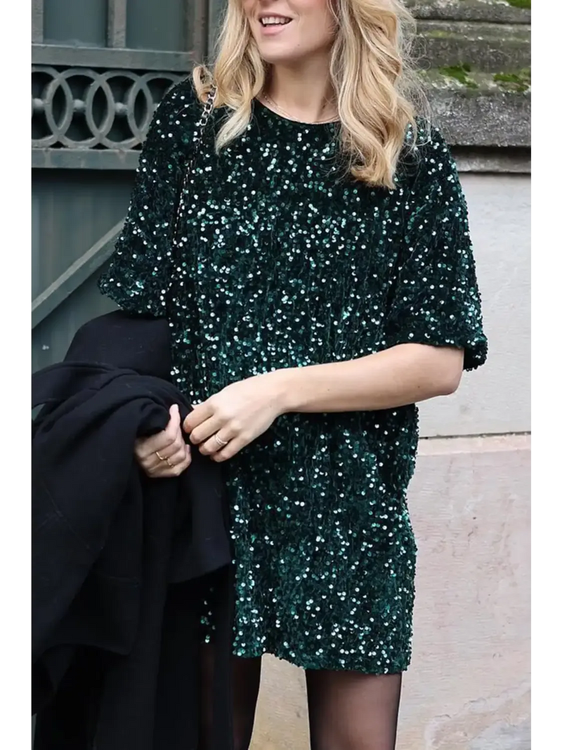 Dazzling collection of sequin dresses showcasing a woman in a sparkling green outfit perfect for parties