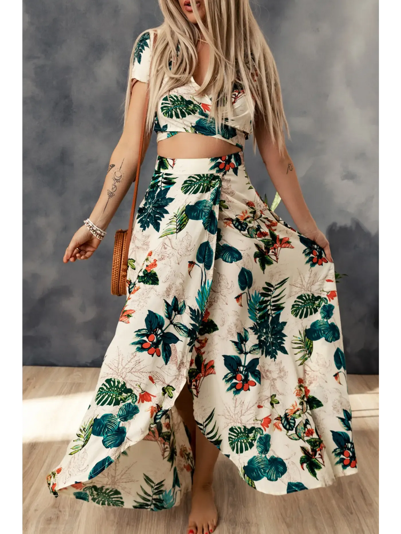 Chic floral two-piece dresses from FashionFitz featuring a stylish crop top and flowing skirt