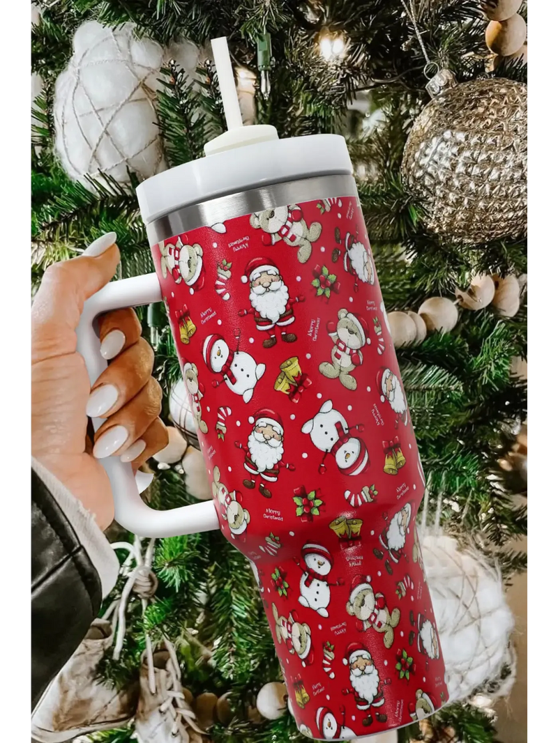 Festive tumblers with holiday designs, perfect for keeping drinks hot or cold on the go