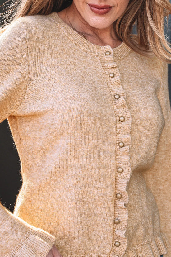 Ruffle trim gold button long sleeve round neck knit cardigan cardigans