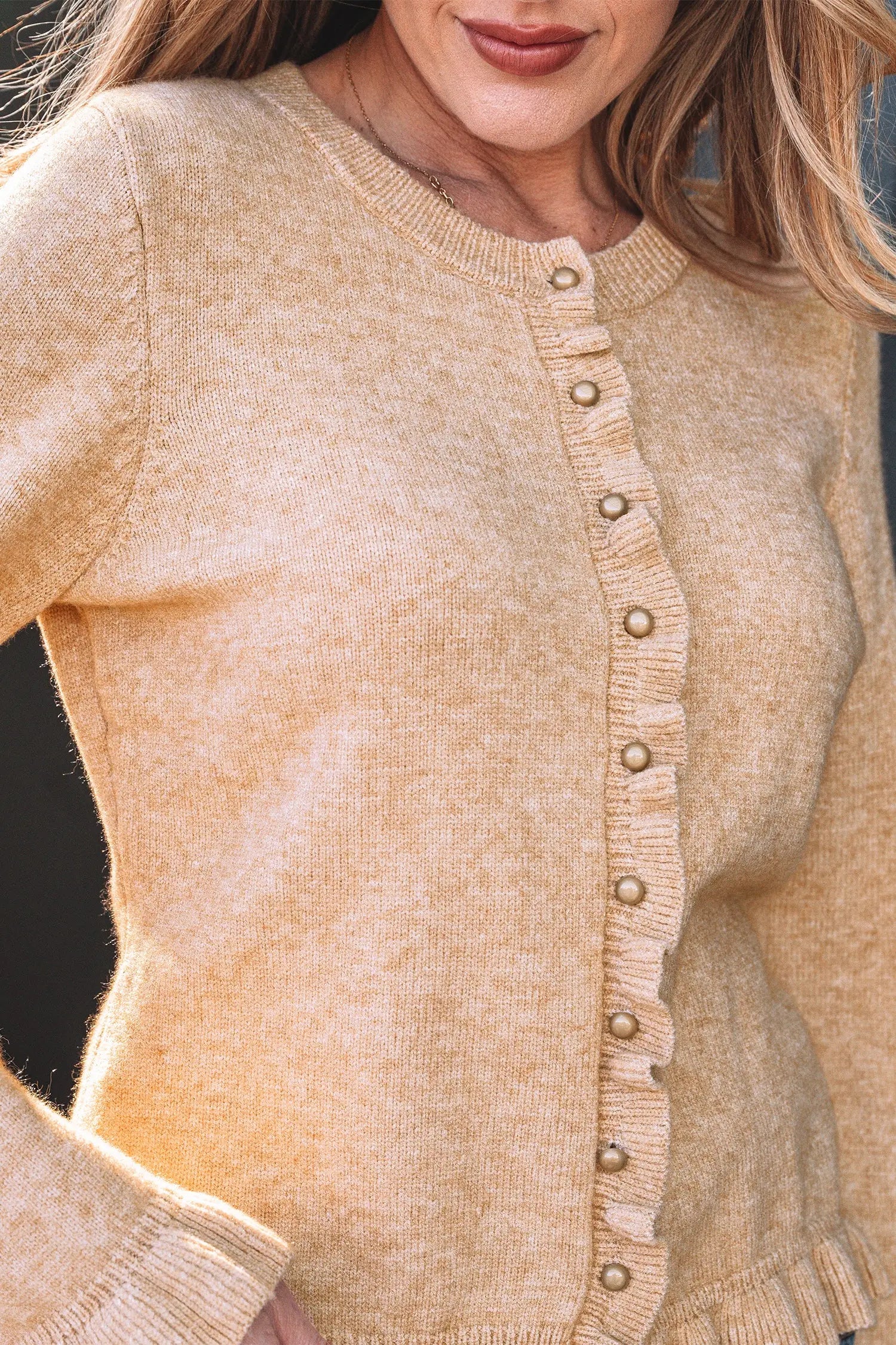 Ruffle trim gold button long sleeve round neck knit cardigan cardigans