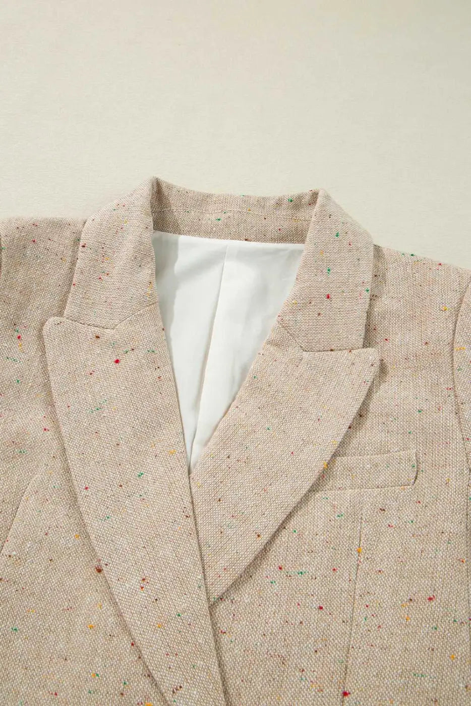 Flat lay of Ladies Light Beige Fitted Blazer - Casual Smart Office | FashionFitz showing inner lining and structured lapel design.