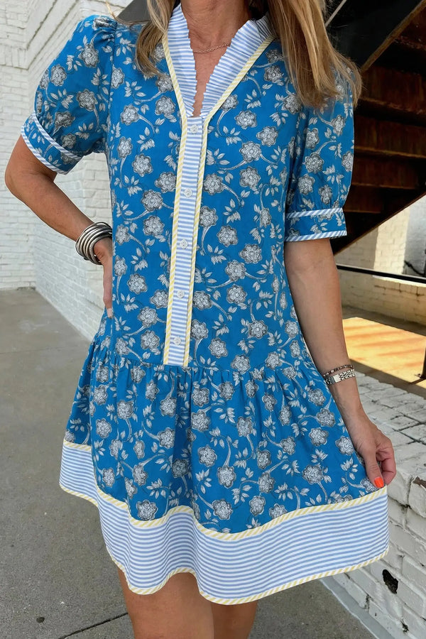 Blue Floral Striped Trim Half Button Short Sleeve Dress Women UK — back view