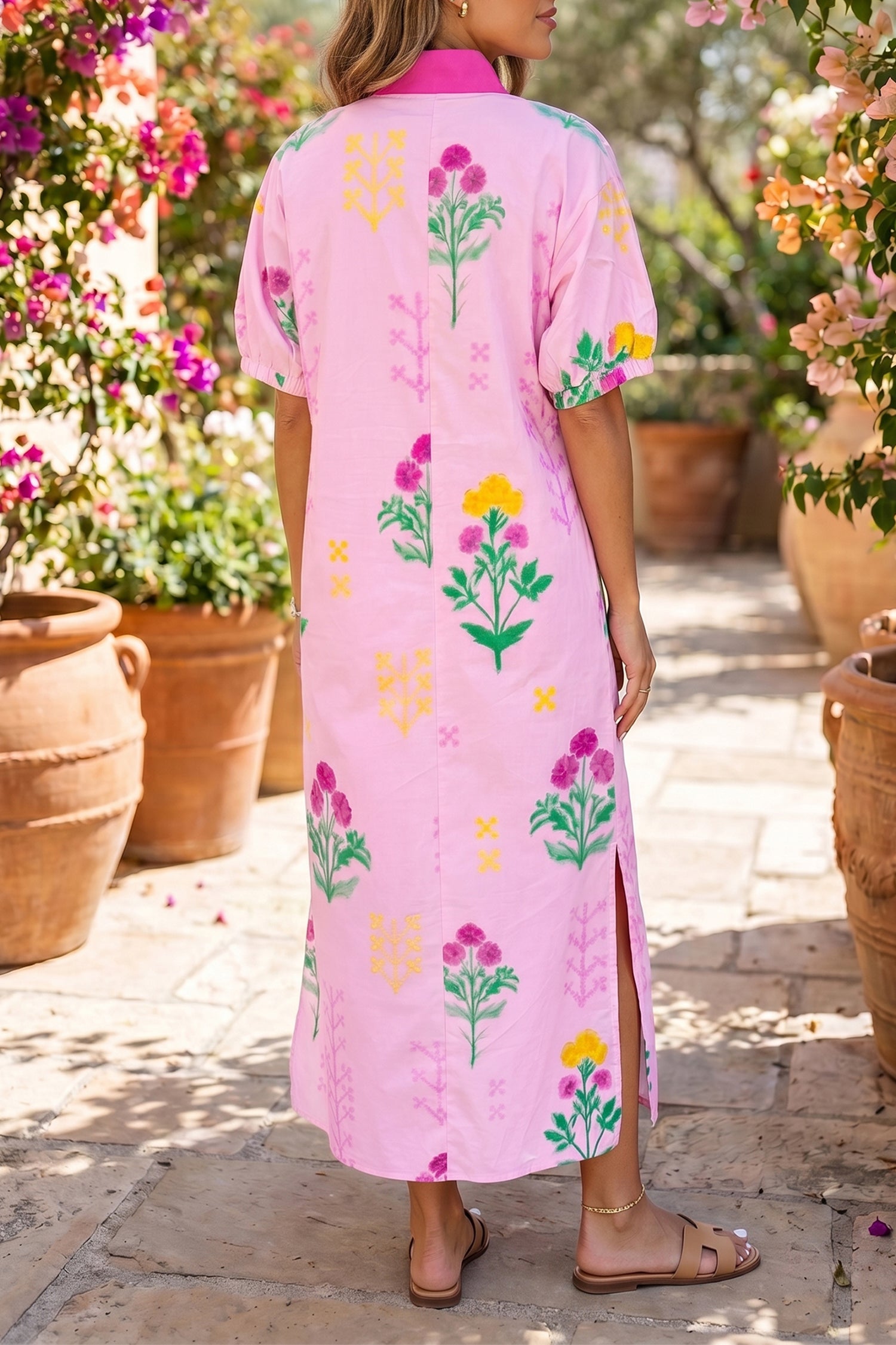 Women's floral colourblock midi dress side view short sleeve summer