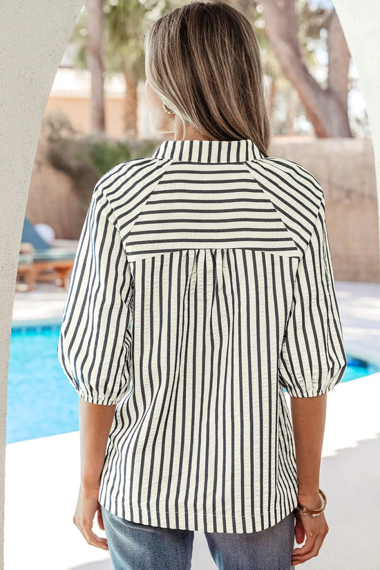 Blue stripe floral embroidered blouse v neck short sleeve women uk | fashionfitz