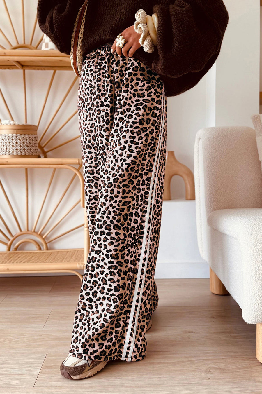 Leopard Print Side Stripe Wide Leg Trousers Women UK