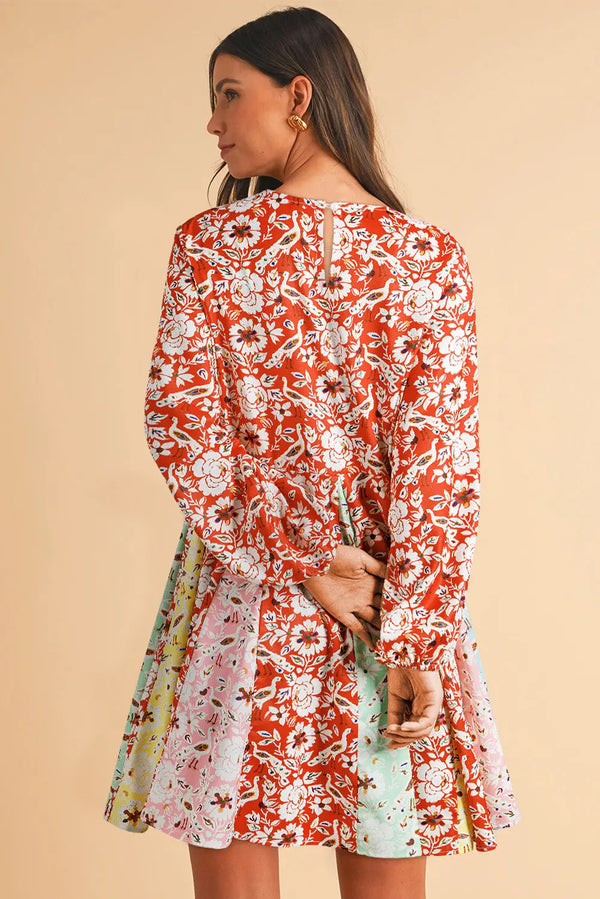 Red Floral Patchwork Long Sleeve Pleated Mini Dress Women UK