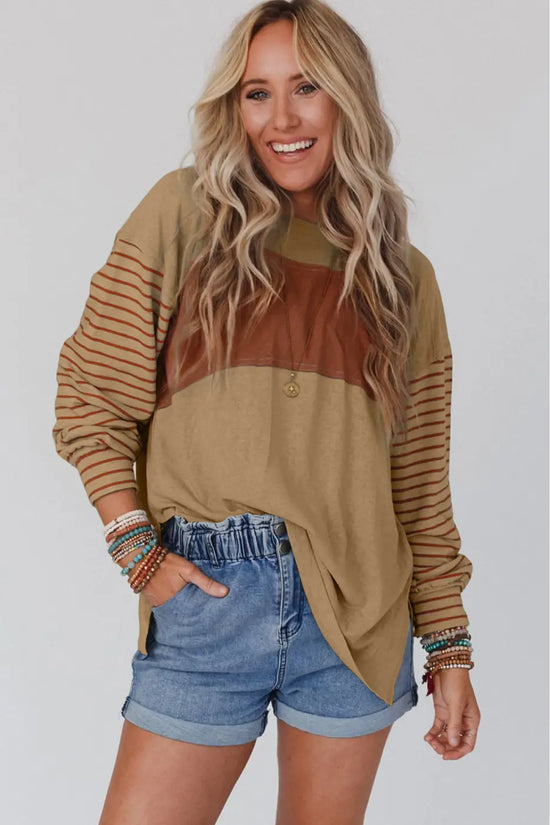Green colorblock bishop sleeve top - striped casual chic