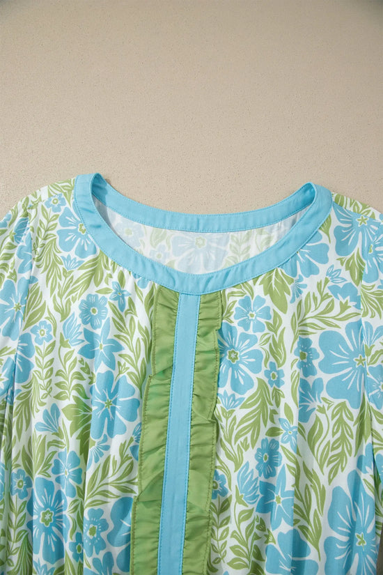 Fashionfitz sky blue floral ruffle mini dress UK S-XL, 100% viscose, high waist A-line silhouette