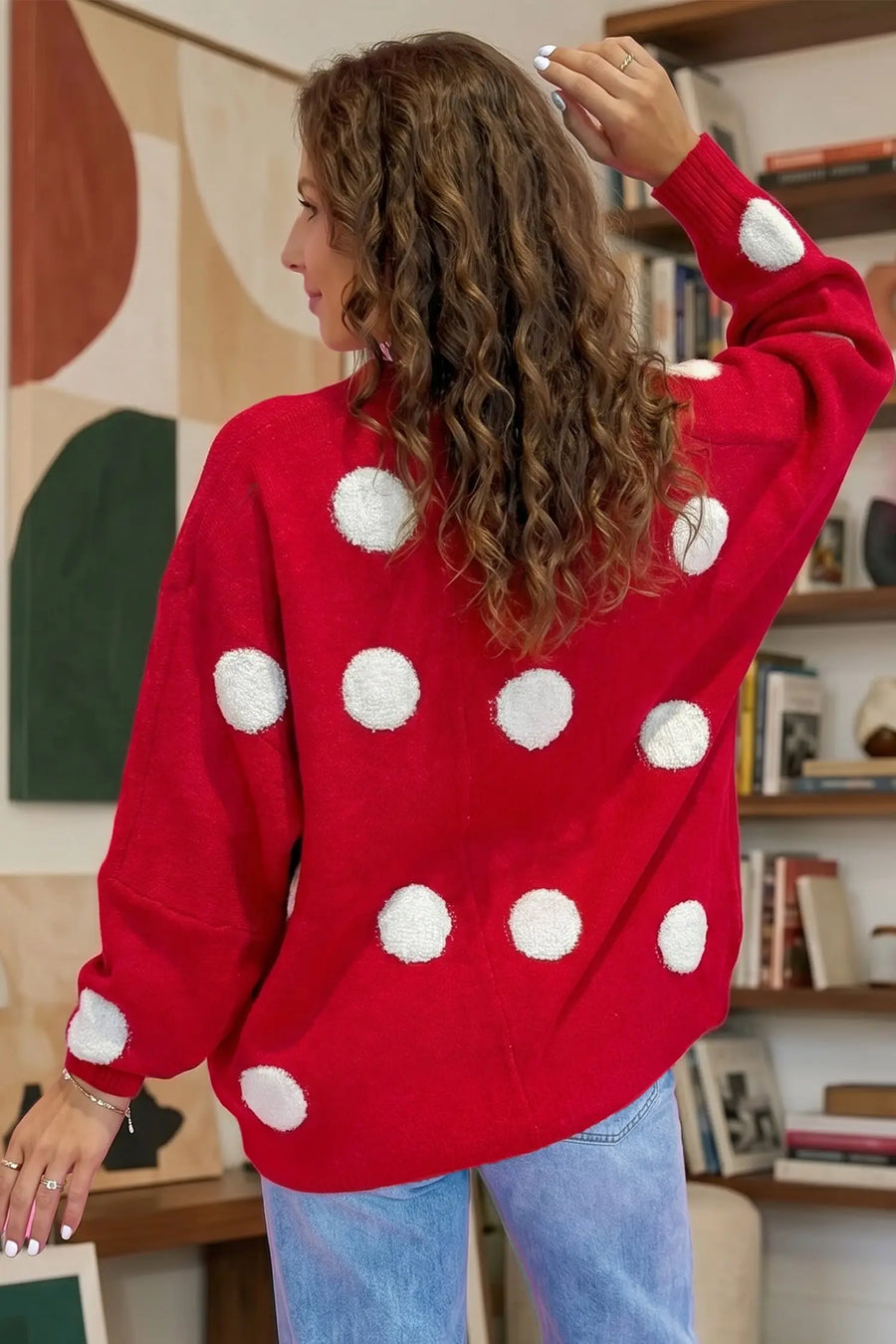 Polka dot button front oversized V-neck cardigan back view — Fashionfitz UK