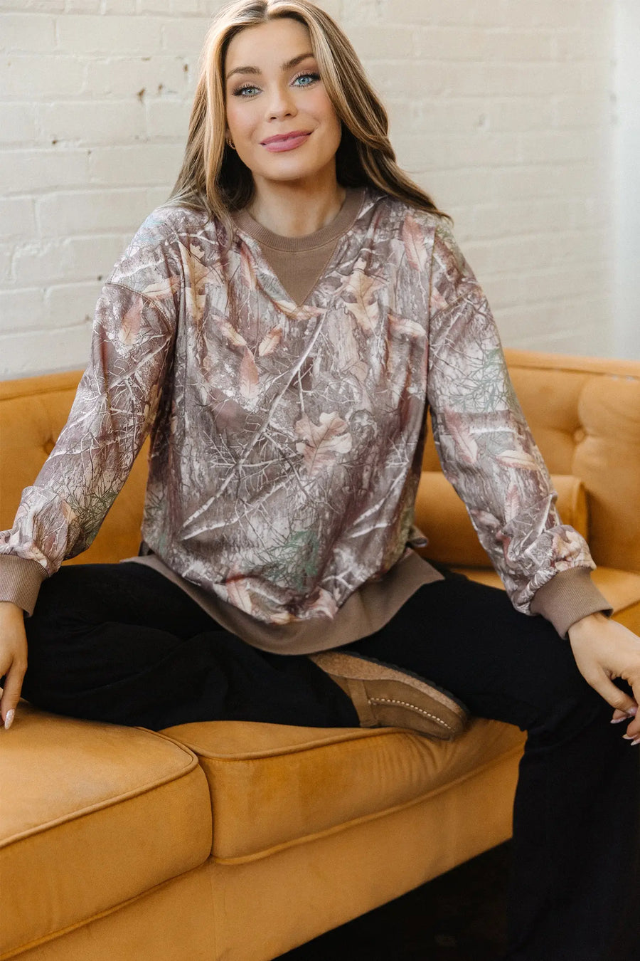 Brown Abstract Camo Colourblock Baggy Pullover Sweatshirt