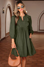 Moss green pleated corduroy mini dress women | split neck a-line