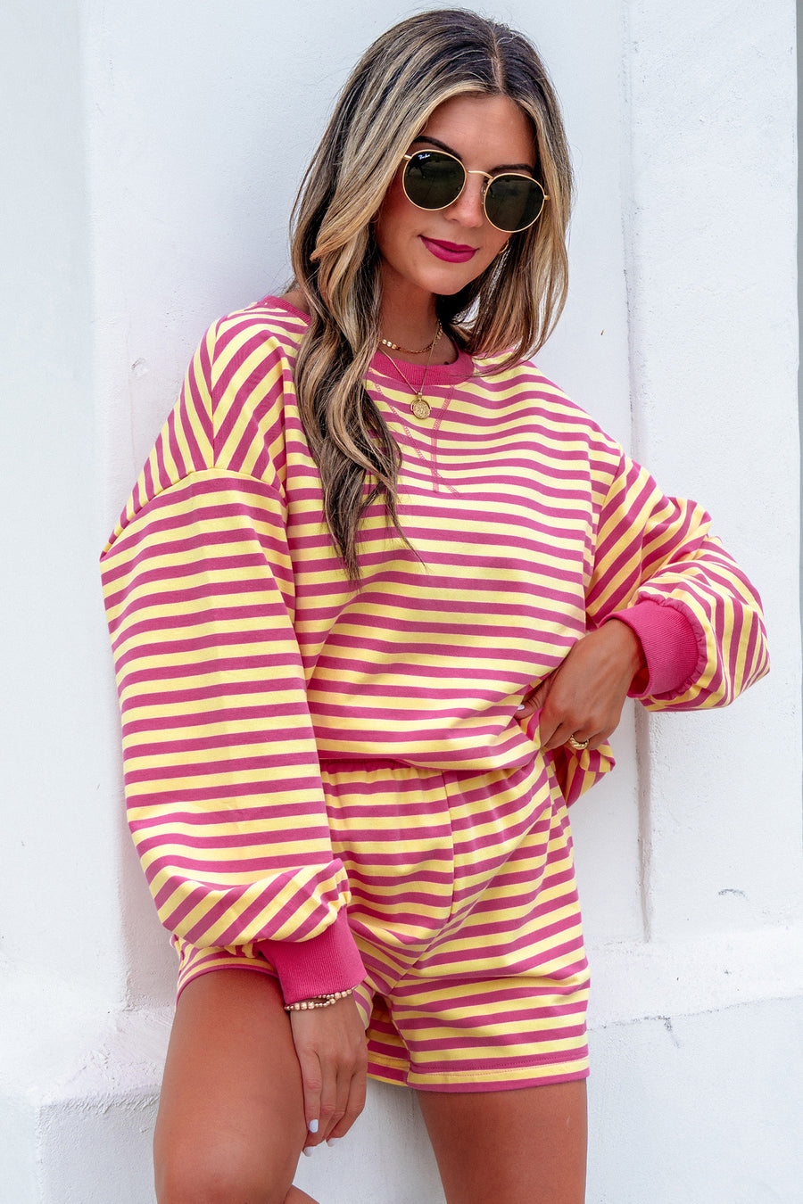 Yellow Stripe Colour Block Long Sleeve Top & Casual Shorts Set Women UK