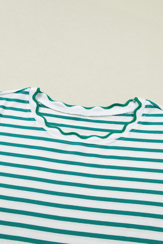 Scalloped Trim Stripe Cotton T-Shirt Round Neck Short Sleeve