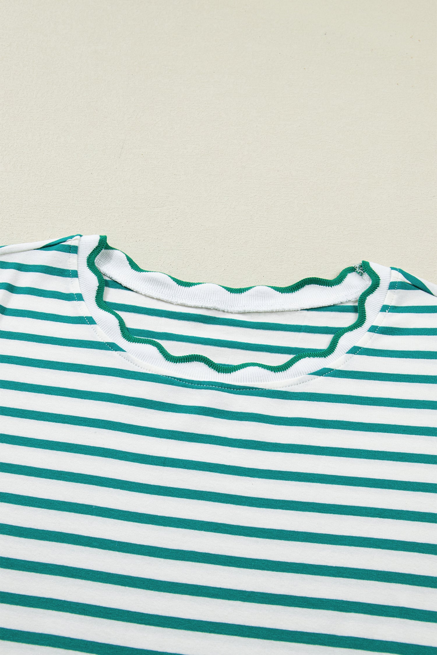 Scalloped Trim Stripe Cotton T-Shirt Round Neck Short Sleeve