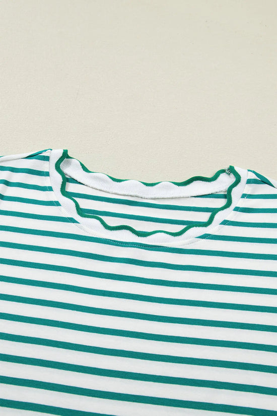 Scalloped trim stripe cotton t-shirt round neck short sleeve t-shirts