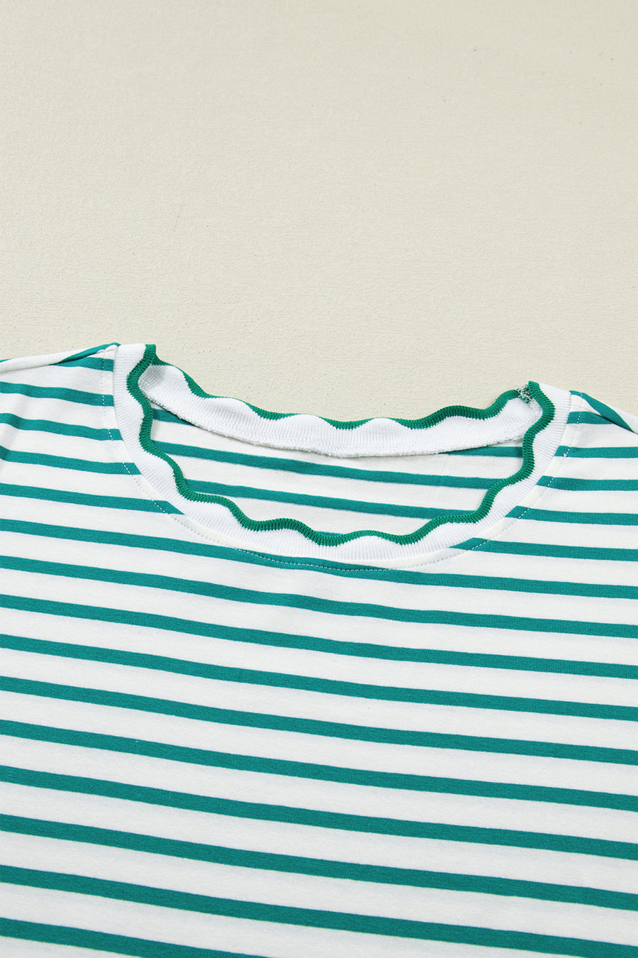 Scalloped Trim Stripe Cotton T-Shirt Round Neck Short Sleeve — second colourway | Fashionfitz UK