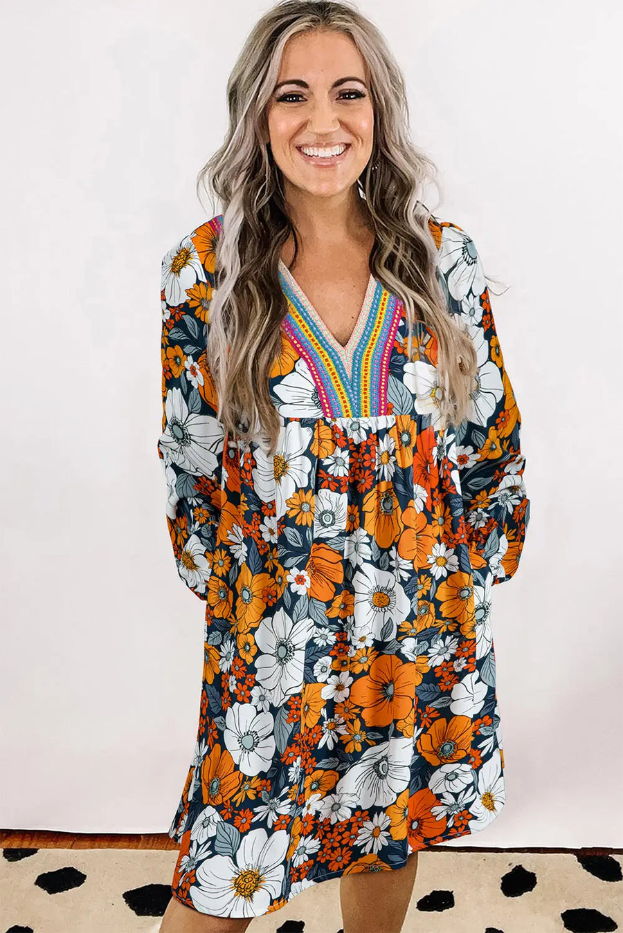 Orange Floral Lace V Neck Long Sleeve Mini Dress Women UK