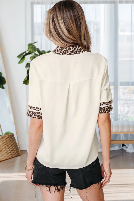 Leopard patchwork split v-neck short sleeve blouse blouses