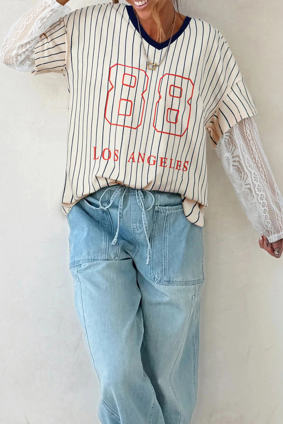 Blue Stripe 88 Los Angeles Lace Patchwork V Neck Top Women UK