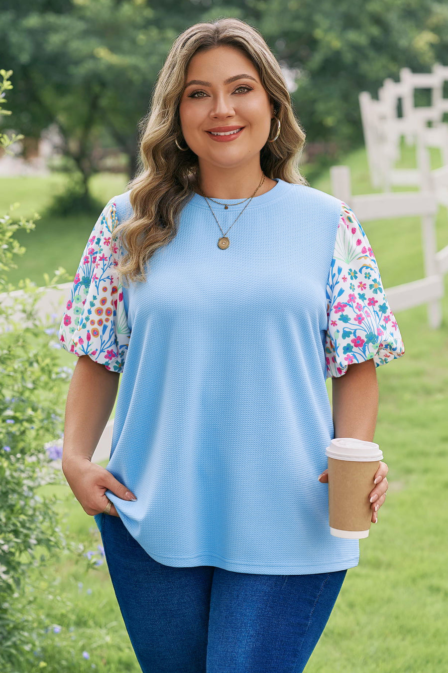 Textured Bodice Contrast Floral Sleeve Plus Size Top Women UK