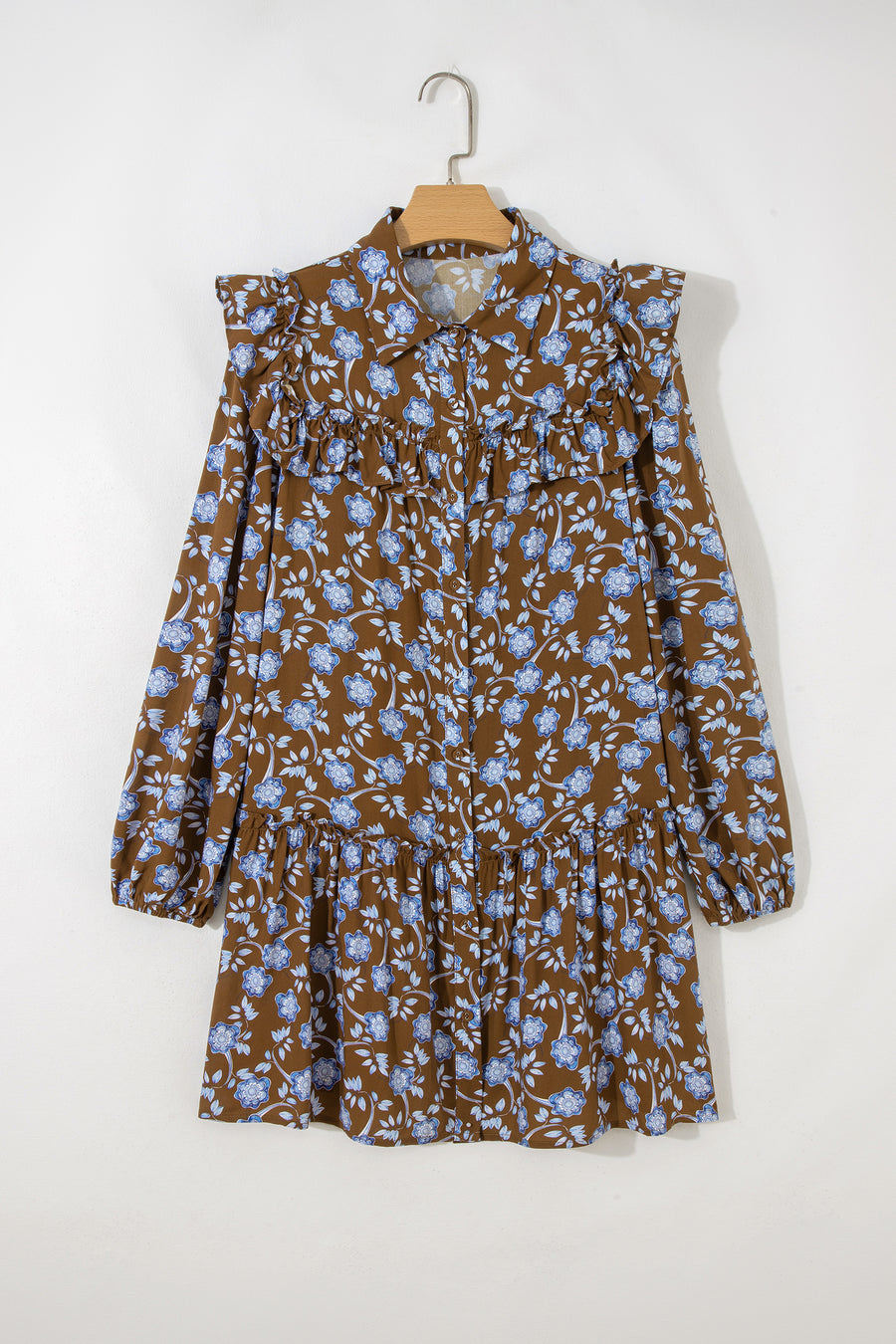 Brown Floral Shirt Collar Button Down Long Sleeve Dress Women UK — model shot