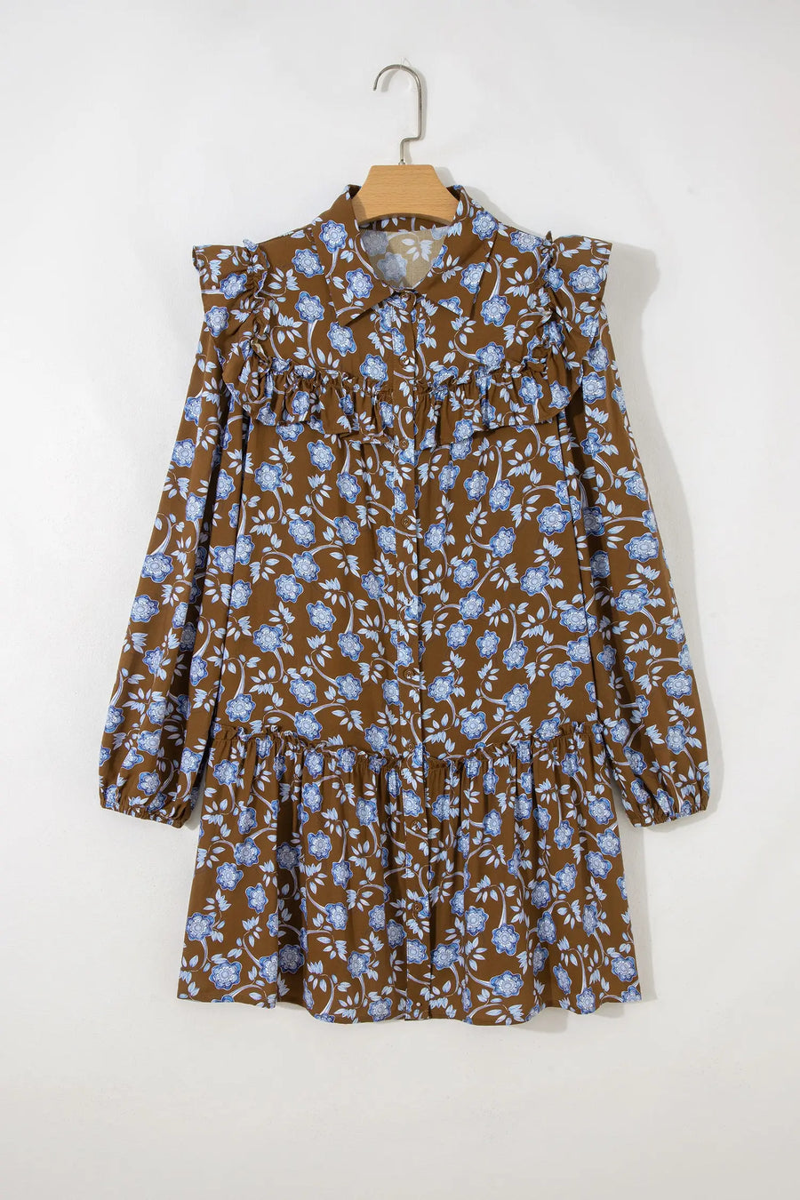 Brown Floral Shirt Collar Button Down Long Sleeve Dress Women UK — model shot