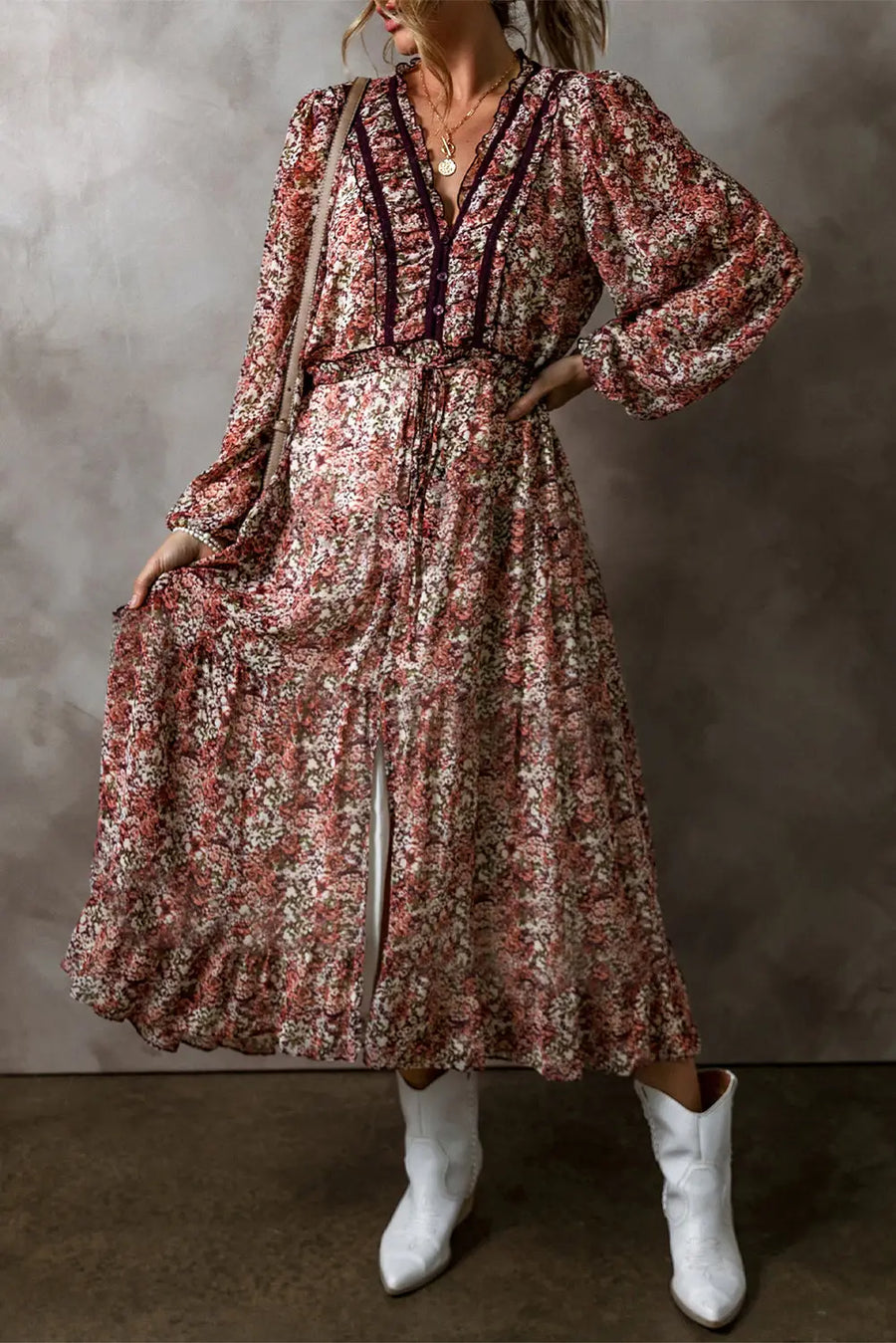 Brown Floral Split Front Tiered Frilled V Neck Midi Dress Women UK