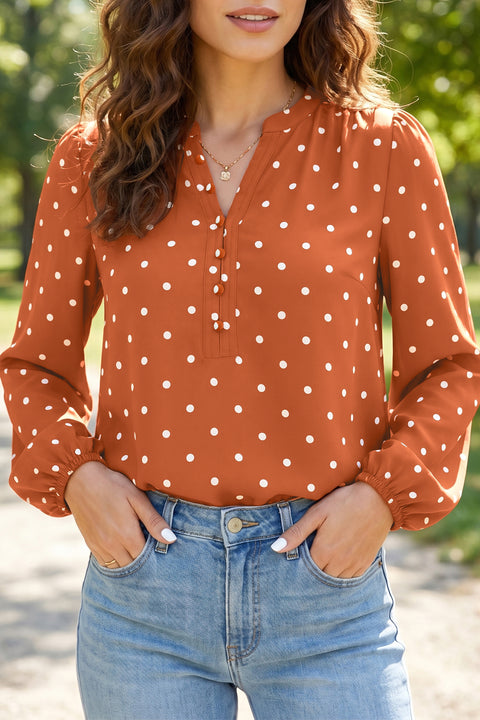 Brown polka dot half button V-neck long sleeve blouse women UK — front view