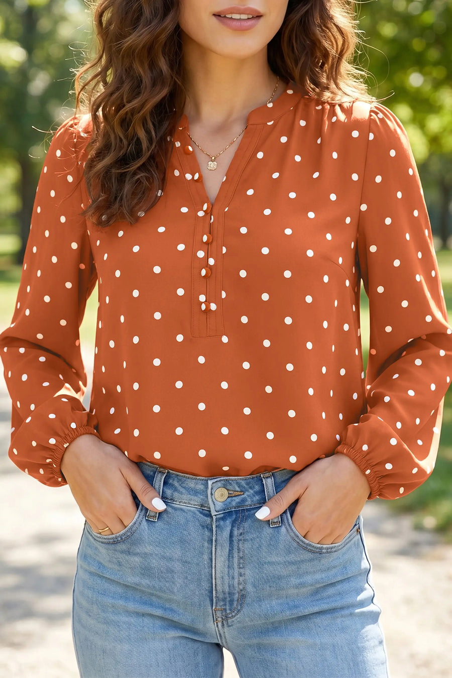 Brown polka dot half button V-neck long sleeve blouse front view — Fashionfitz UK