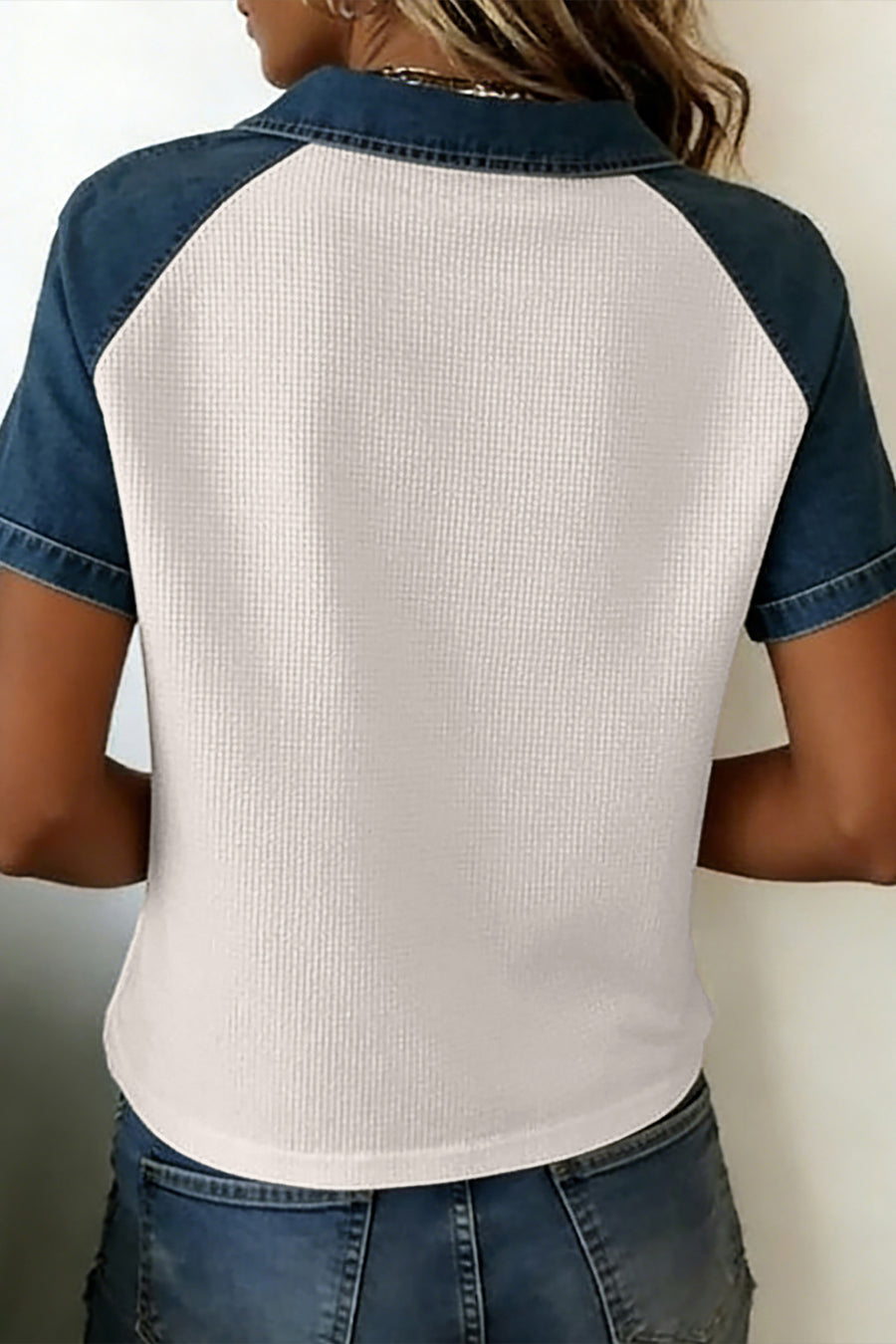Textured colourblock denim patchwork tee styled with jeans — Fashionfitz UK