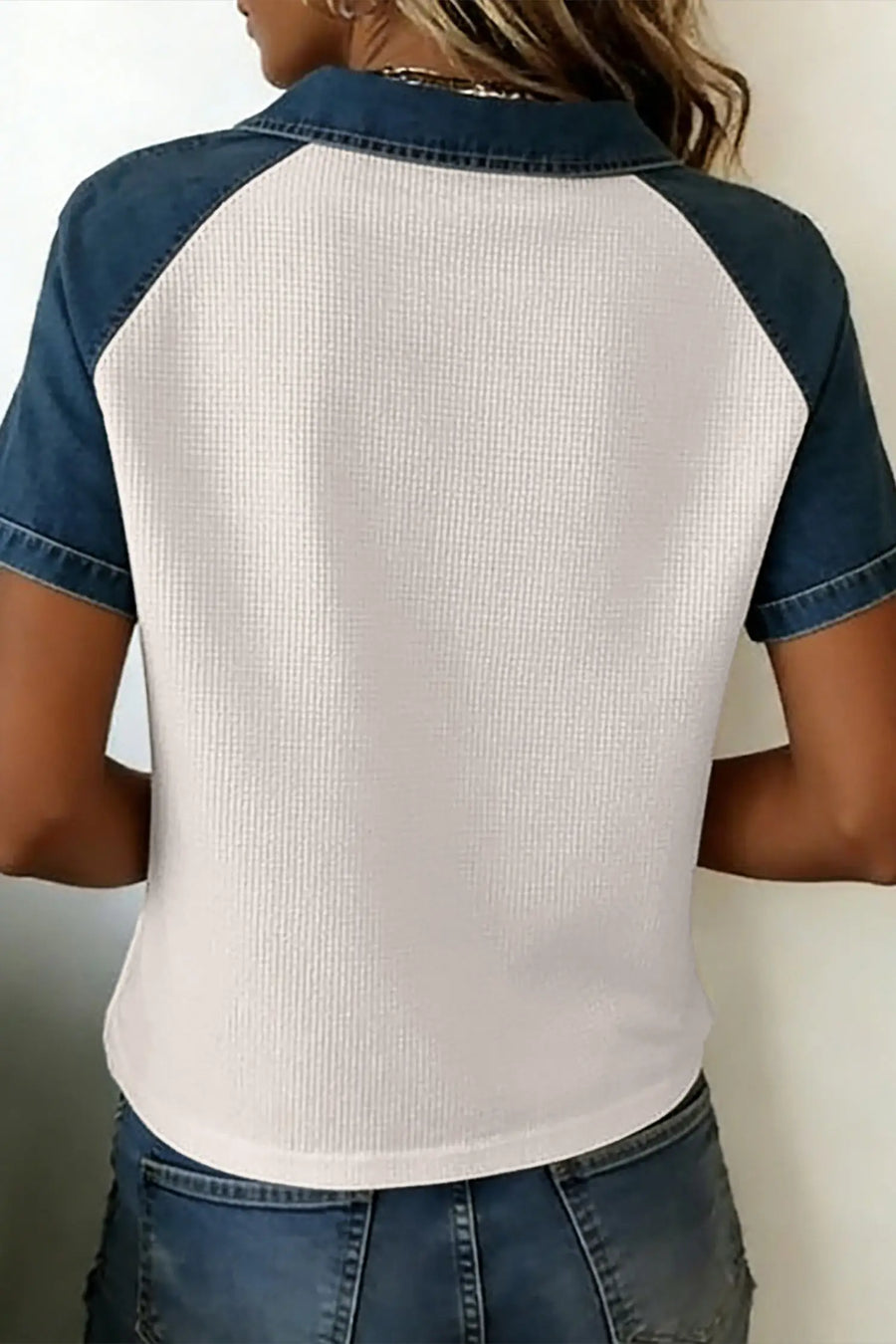 Textured colourblock denim patchwork tee styled with jeans — Fashionfitz UK