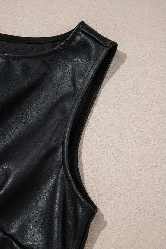 Shoulder seam detail of Black Vegan Leather Sleeveless Mini Dress, highlighting craftsmanship and feminine cut from FashionFitz.