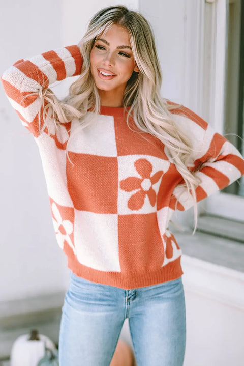 Woman wearing brown checkered floral print striped sleeve sweater front view Fashionfitz UK