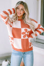 Woman wearing brown checkered floral print striped sleeve sweater front view Fashionfitz UK