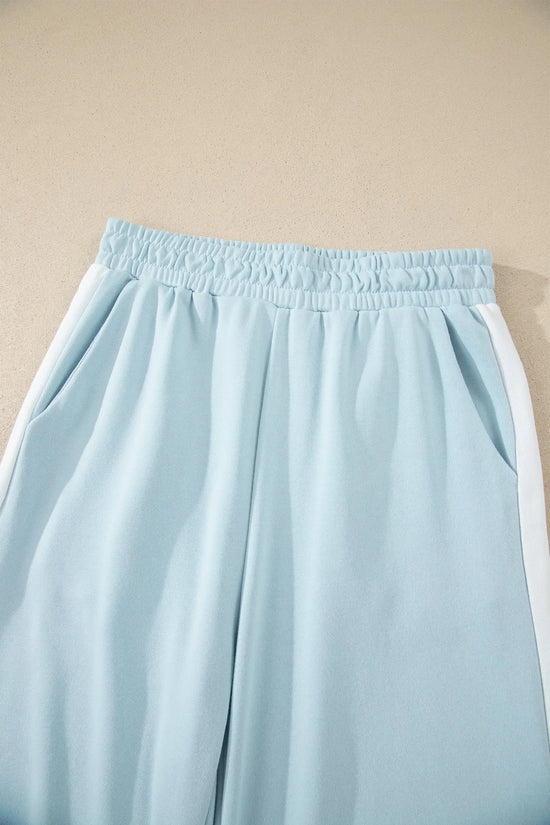 Mist blue contrast trim boxy tank top wide leg pant set pockets outfit sets