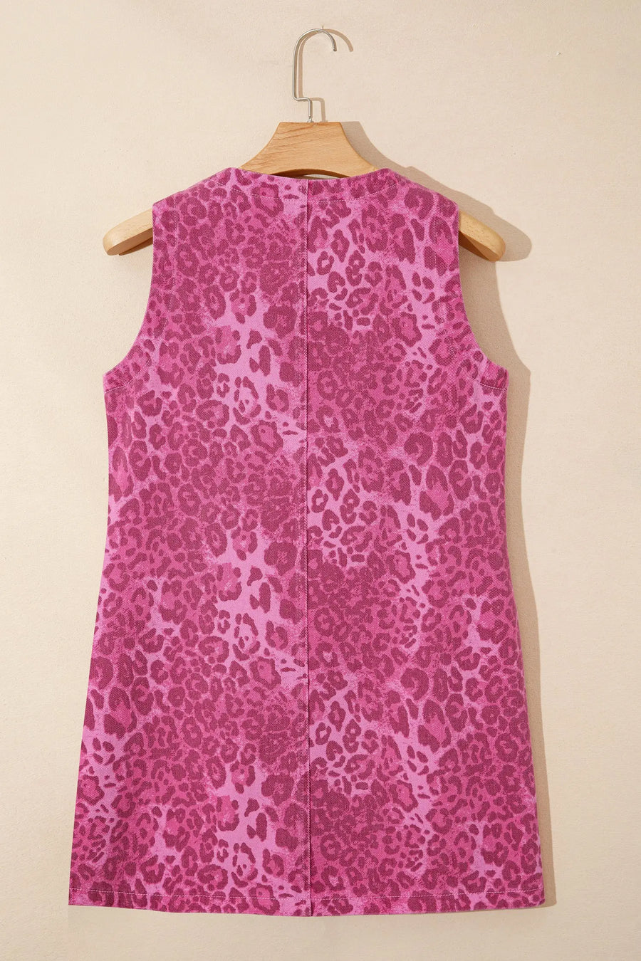 Leopard print denim shift dress button front sleeveless mini pockets dresses