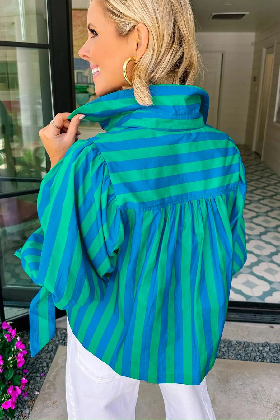 Button down striped shirt women UK — puff sleeve and tie neck, back view